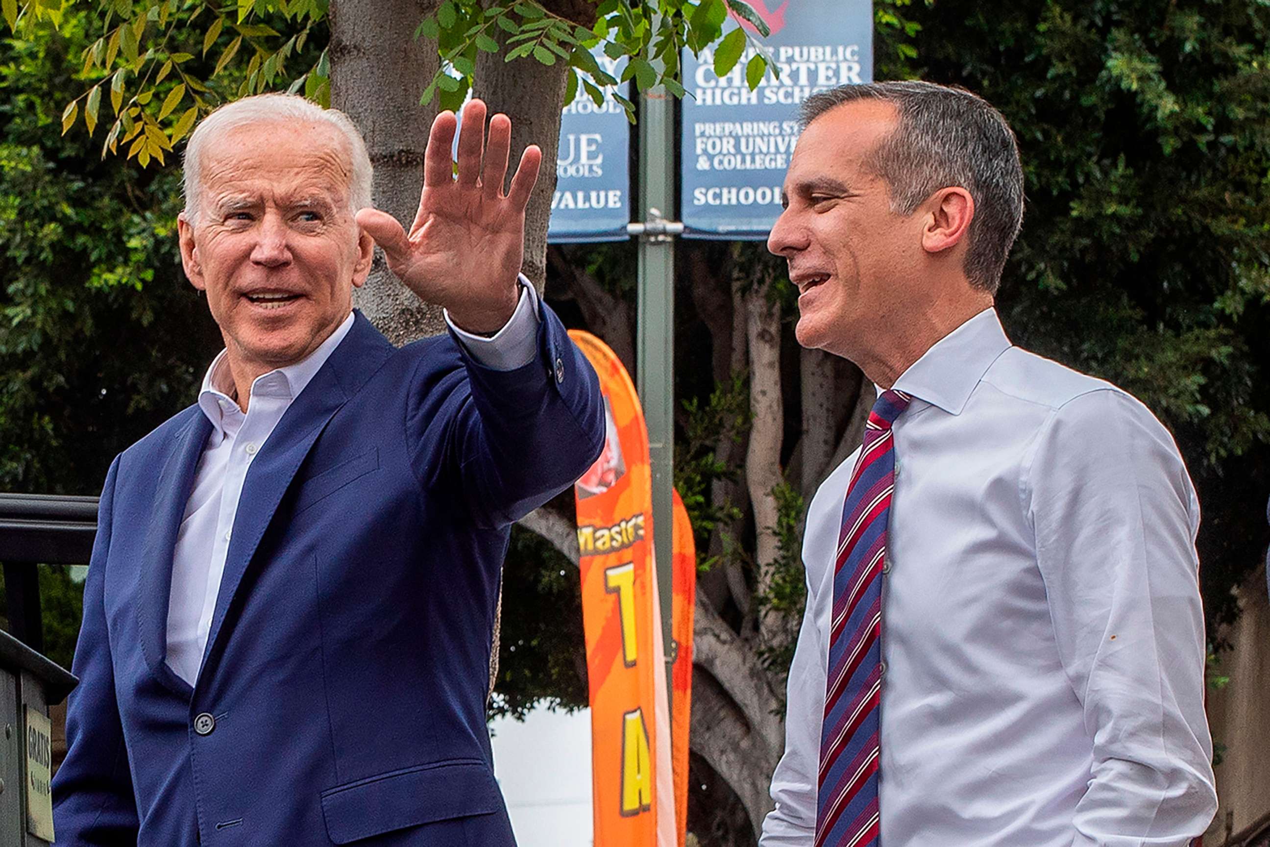 PHOTO: Democratic presidential candidate and Former vice president Joe Biden, left, appears with Los Angeles Mayor Eric Garcetti at a King Taco shop in Los Angeles on May 8, 2019. 