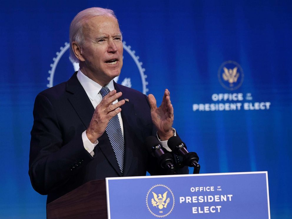 PHOTO: President-elect Joe Biden delivers remarks before announcing his choices for attorney general and other leaders of the Justice Department at The Queen theater, Jan. 07, 2021, in Wilmington, Del.