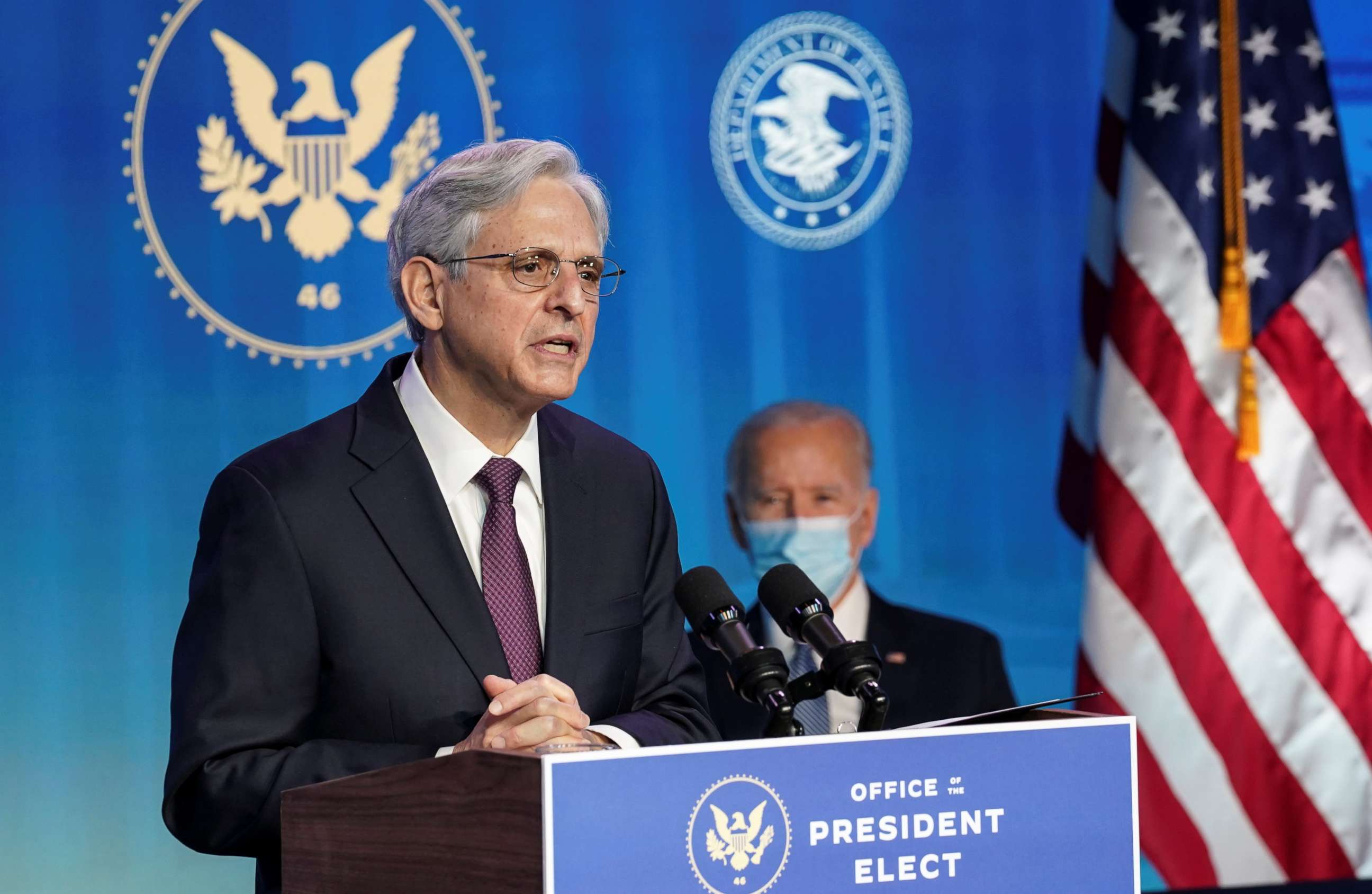 PHOTO: Judge Merrick Garland, President-elect Joe Biden's nominee to be U.S. Attorney General, speaks as Biden listens in Wilmington, Del., Jan. 7, 2021.