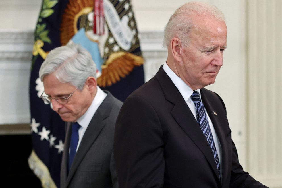 Attorney General Merrick Garland is seen next to President Joe Biden at the White House on June 23, 2021 where they delivered remarks on the administration's strategy to curtail gun violence.