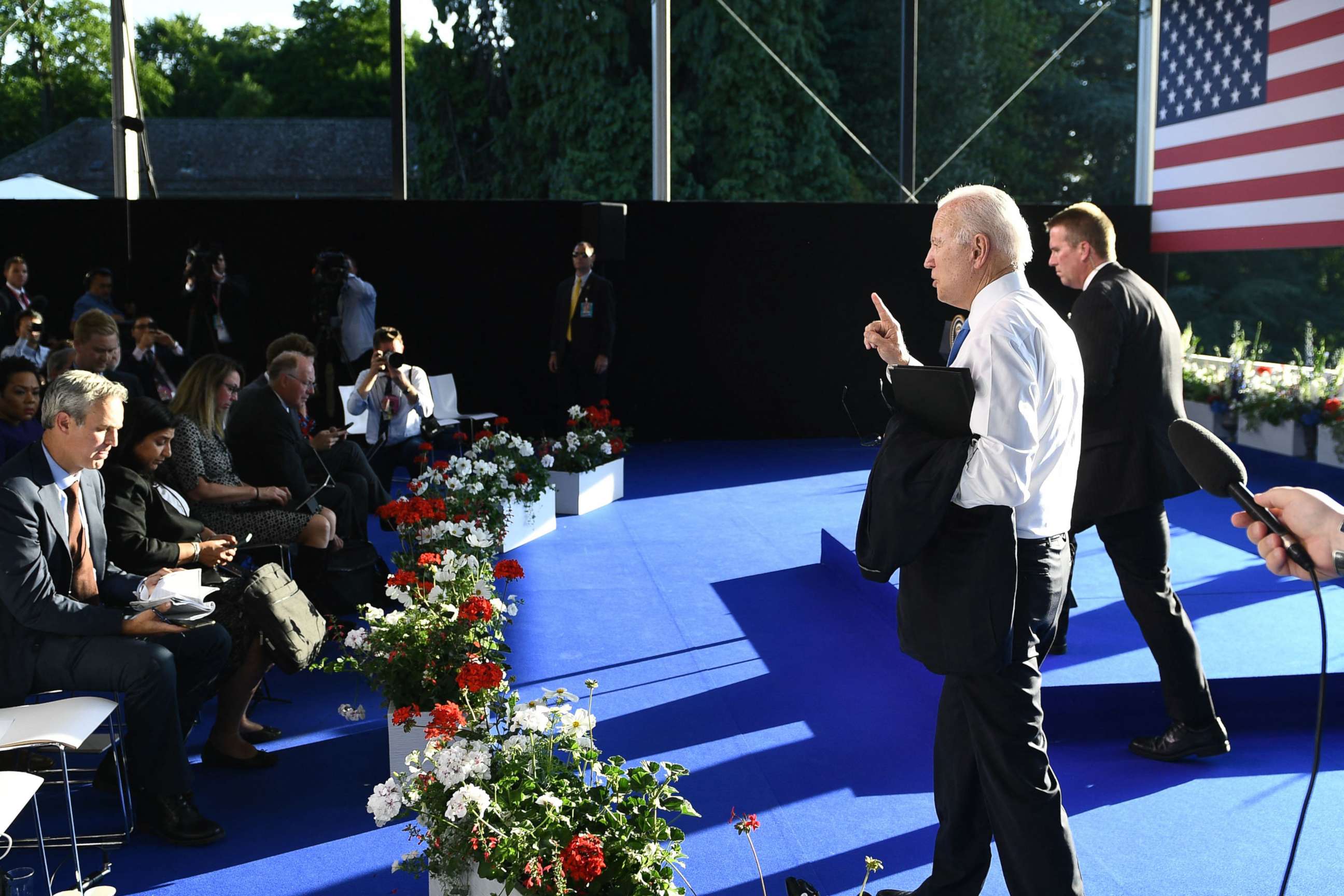 PHOTO: U.S President Joe Biden speaks to journalists as he is about to leave his press conference after the US-Russia summit in Geneva, June 16, 2021.