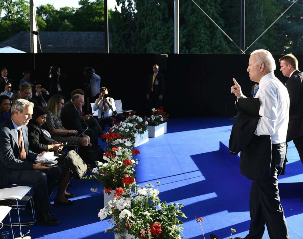 PHOTO: U.S President Joe Biden speaks to journalists as he is about to leave his press conference after the US-Russia summit in Geneva, June 16, 2021.