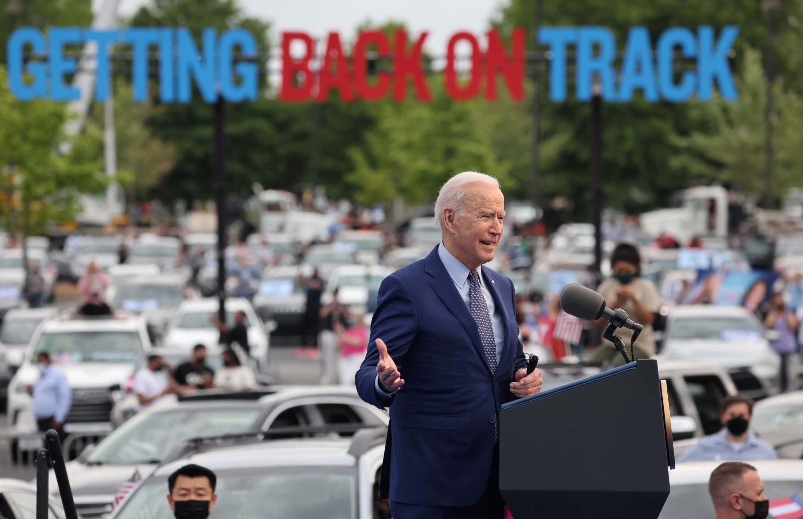 PHOTO: President Joe Biden attends the Democratic National Committee's "Back on Track" drive-in car rally to celebrate the president's 100th day in office at the Infinite Energy Center in Duluth, Ga., April 29, 2021.