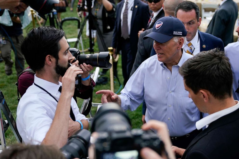 PHOTO: President Joe Biden speaks ABC News' Ben Gittleson as he departs the Congressional Picnic on the South Lawn of the White House, July 12, 2022, in Washington.