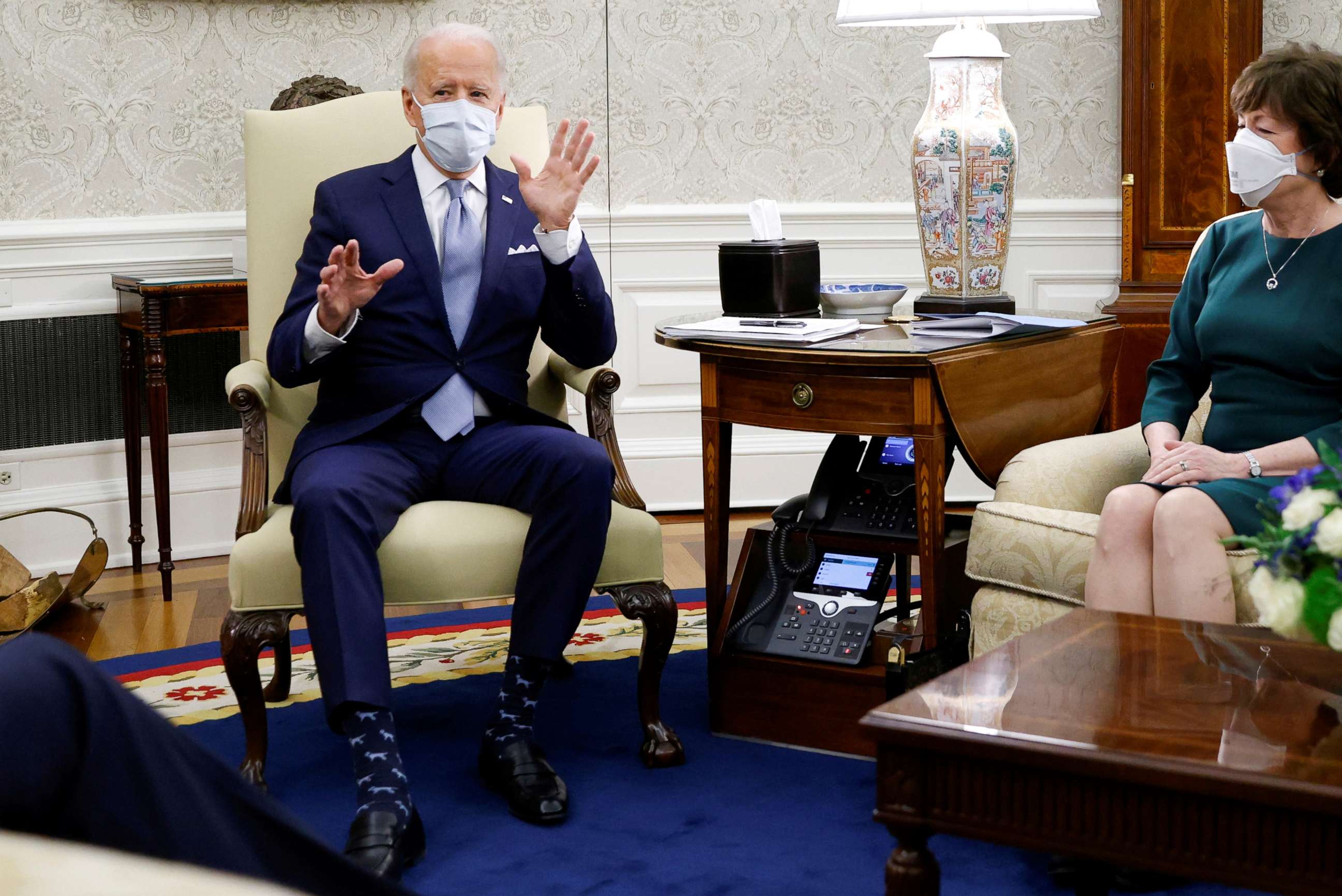 PHOTO: Sen. Susan Collins, R-Maine, looks at President Joe Biden ahead of a discussion on COVID-19 legislation inside the Oval Office at the White House on Feb. 1, 2021. 