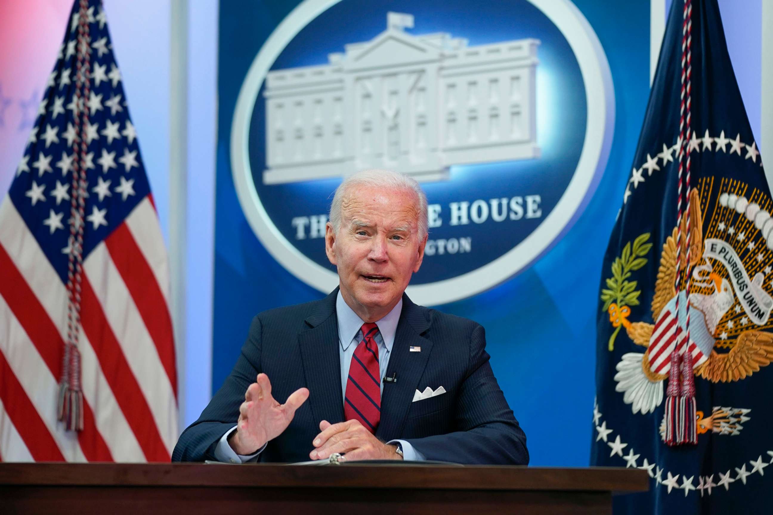 PHOTO: President Joe Biden speaks during a virtual meeting with Democratic governors on the issue of abortion rights, in the South Court Auditorium on the White House campus, on July 1, 2022, in Washington, D.C.