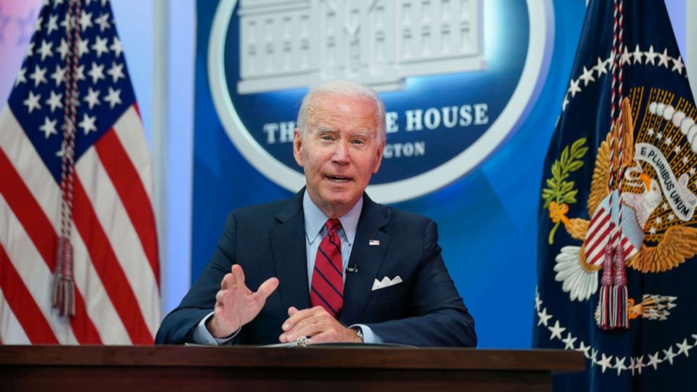 PHOTO: President Joe Biden speaks during a virtual meeting with Democratic governors on the issue of abortion rights, in the South Court Auditorium on the White House campus, on July 1, 2022, in Washington, D.C.