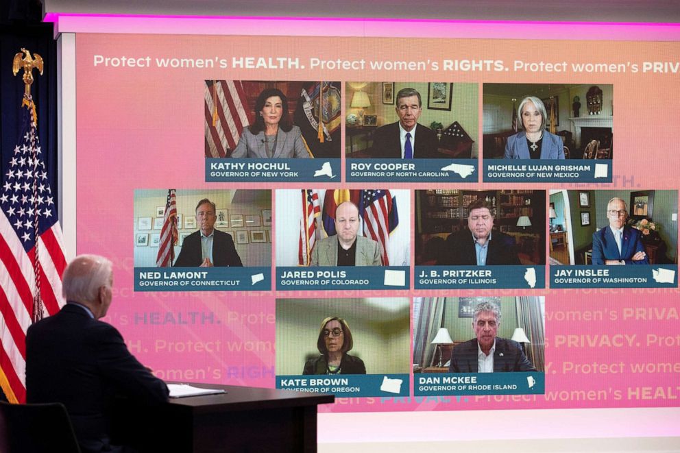 PHOTO: President Joe Biden participates in a virtual meeting with governors while discussing reproductive health care, at the White House in Washington, D.C., July 1, 2022.