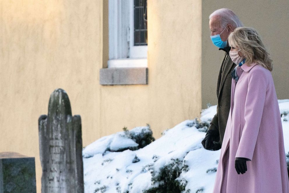 PHOTO: President-elect Joe Biden and his wife, Jill Biden, leave St. Joseph on the Brandywine Roman Catholic Church after morning mass in Wilmington, Del., on Dec. 18, 2020.