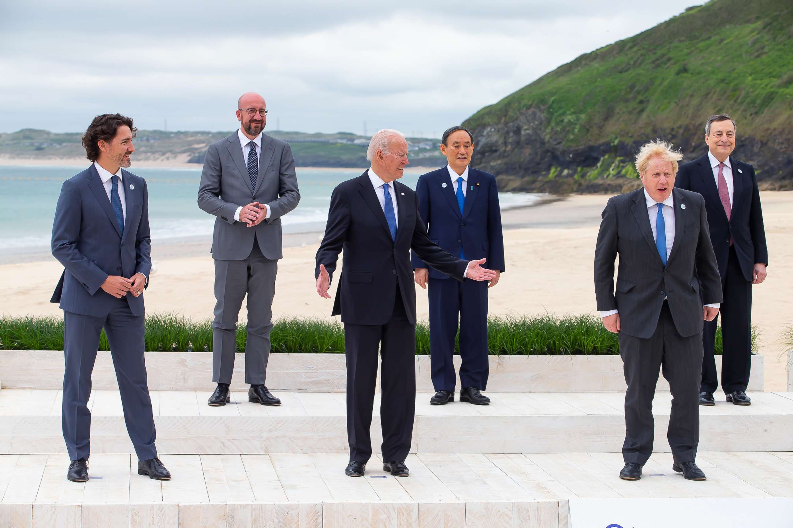 PHOTO: President Joe Biden, center, stands with other world leaders including U.K. Prime Minister Boris Johnson, right and Prime Minister of Canada, Justin Trudeau, left, during the G7 Summit, June 11, 2021, in Carbis Bay, Cornwall, U.K.