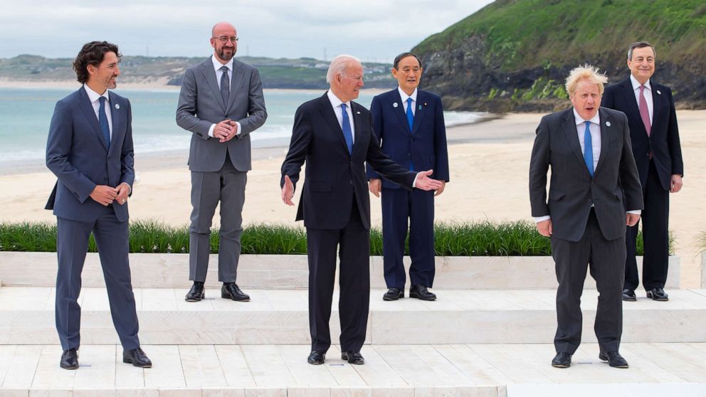 PHOTO: President Joe Biden, center, stands with other world leaders including U.K. Prime Minister Boris Johnson, right and Prime Minister of Canada, Justin Trudeau, left, during the G7 Summit, June 11, 2021, in Carbis Bay, Cornwall, U.K.