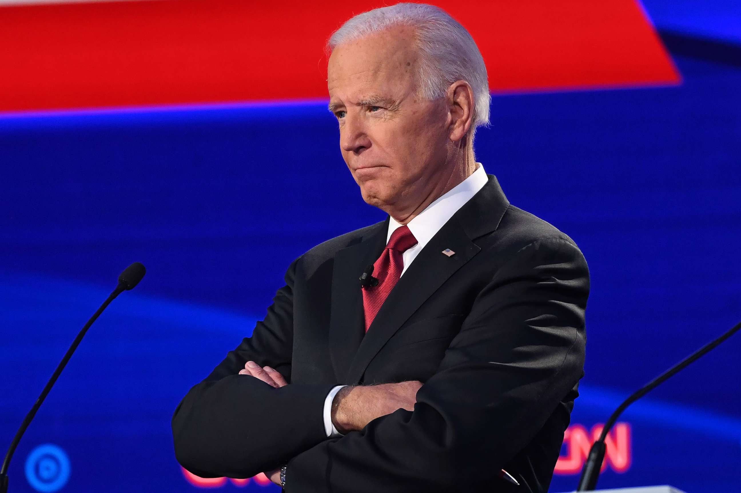 PHOTO: Democratic presidential hopeful former Vice President Joe Biden gestures during the fourth Democratic primary debate of the 2020 presidential campaign season in Westerville, Ohio on Oct. 15, 2019.
