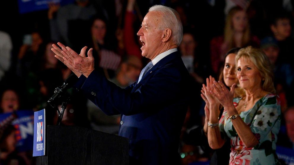 PHOTO: Democratic presidential candidate Joe Biden delivers remarks at his primary night election event in Columbia, S.C., Feb. 29, 2020.