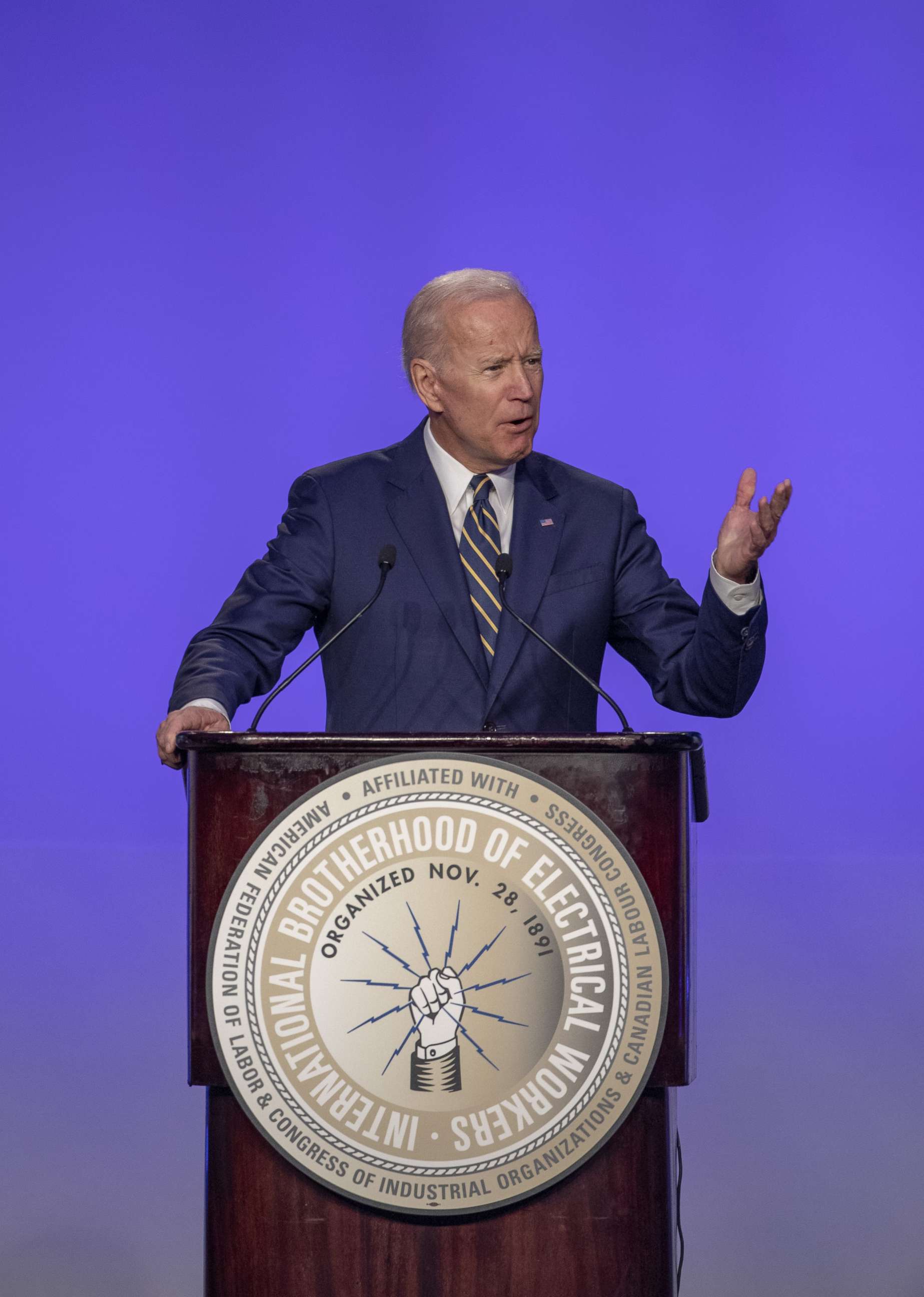 PHOTO:Former Vice President Joe Biden speaks at the International Brotherhood of Electrical Workers Construction and Maintenance conference, April 5, 2019, in Washington, D.C. 