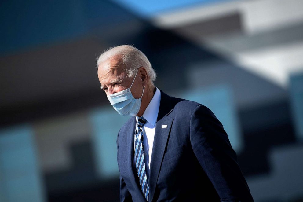 PHOTO: Former Vice President Joe Biden, Democratic presidential candidate, arrives at Hagerstown Regional Airport, Oct. 6, 2020, in Hagerstown, Md. 