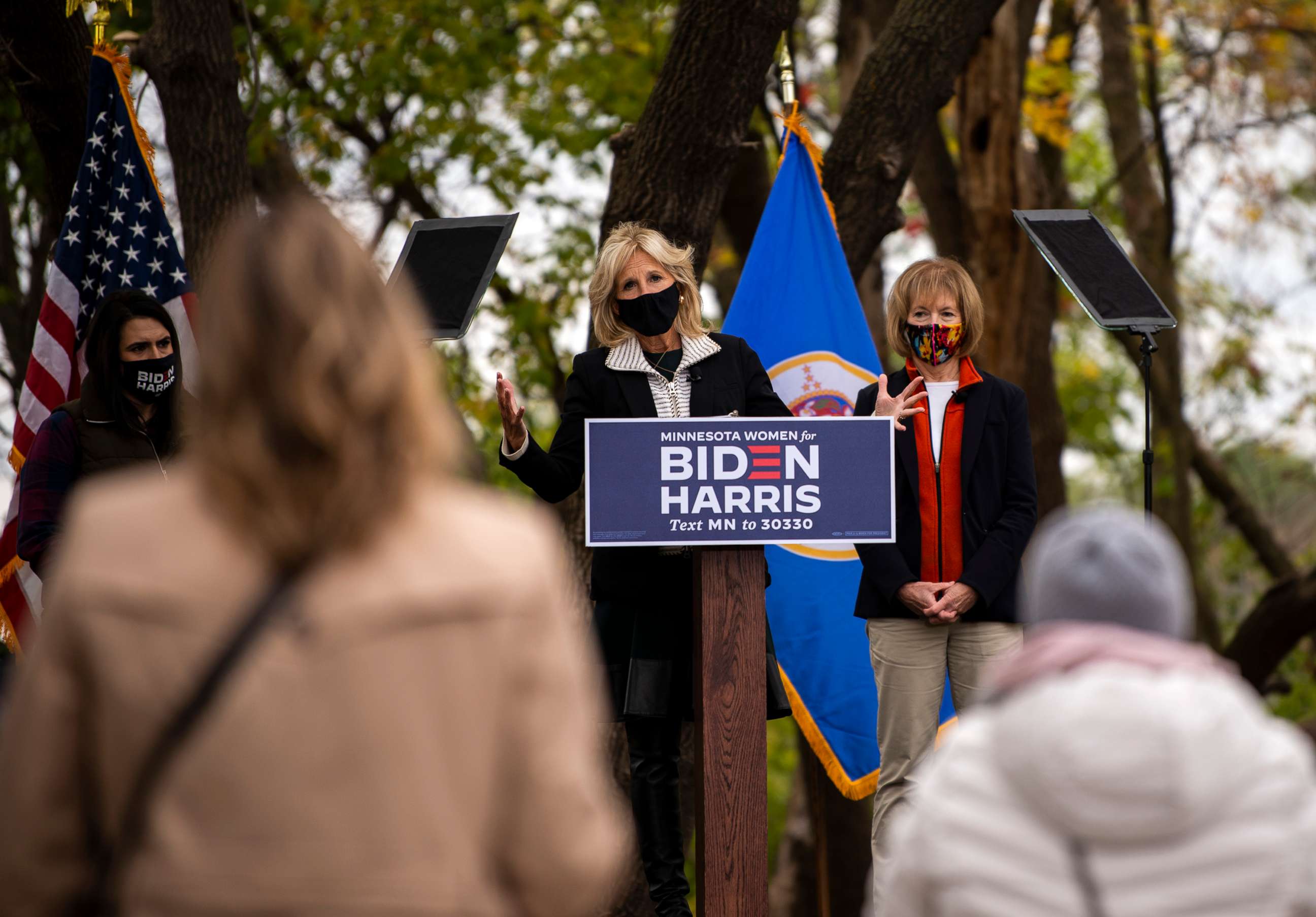 PHOTO: Dr. Jill Biden speaks during a campaign event at Utepils Brewery, Oct. 3, 2020, in Minneapolis. 