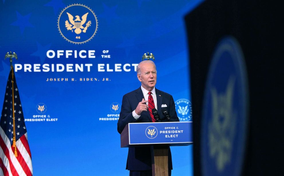 PHOTO: President-elect Joe Biden delivers remarks on his plan to administer COVID-19 vaccines at The Queen theater in Wilmington, Del., Jan. 15, 2021.