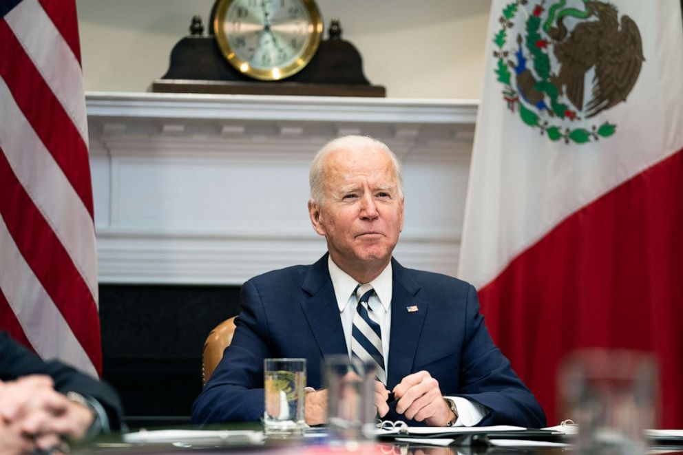 PHOTO: President Joe Biden looks on during a virtual meeting with Mexican President Andres Manuel Lopez Obrador in the Roosevelt Room of the White House, March 1, 2021.