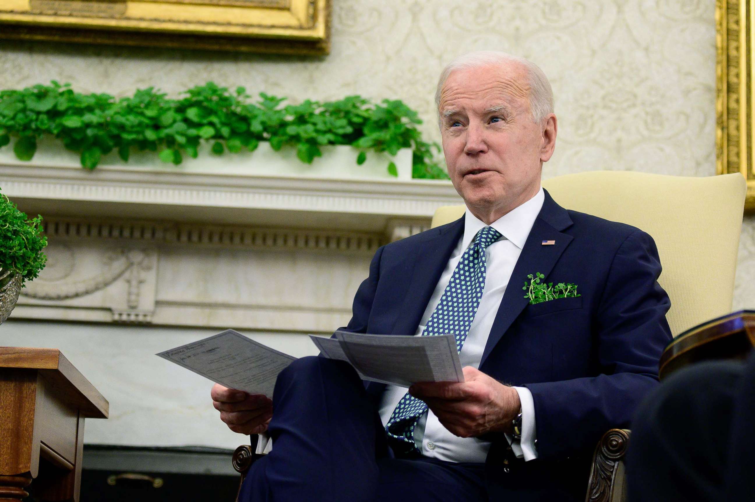 PHOTO: President Joe Biden speaks during a virtual meeting with Irish Prime Minister (Taoiseach) Micheal Martin in the Oval Office of the White House on March 17, 2021.