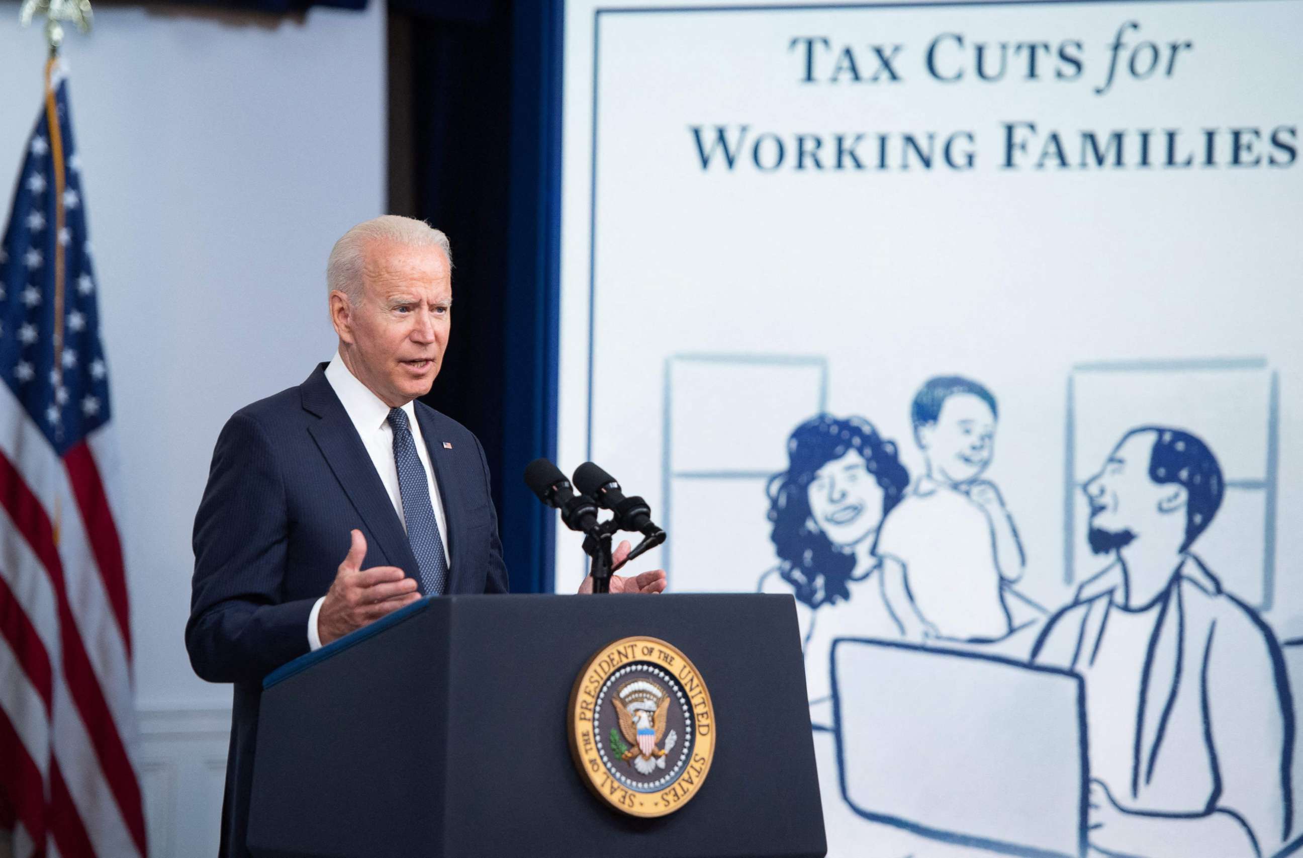 PHOTO: President Joe Biden speaks about the Child Tax Credit relief payments that are part of the American Rescue Plan during an event in the Eisenhower Executive Office Building in Washington, D.C., July 15, 2021.