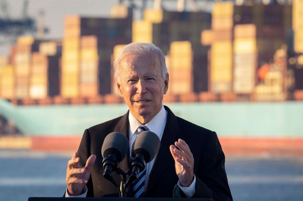 PHOTO: President Joe Biden speaks about the recently passed $1.2 trillion Infrastructure Investment and Jobs Act at the Port of Baltimore, Nov. 10, 2021, in Baltimore.