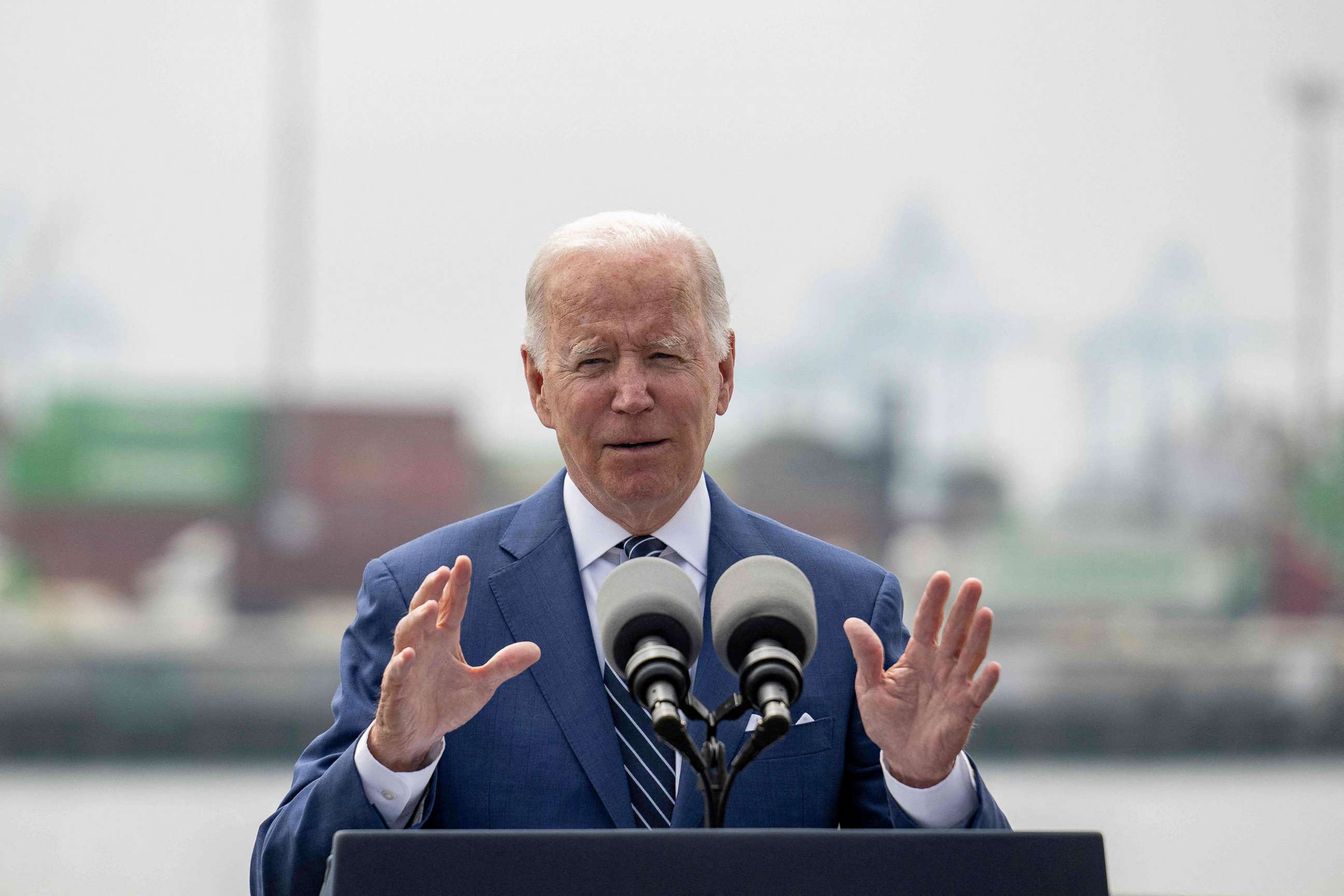 PHOTO: President Joe Biden speak about the economy and inflation from the deck of the USS Iowa at the Port of Los Angeles, June 10, 2022.