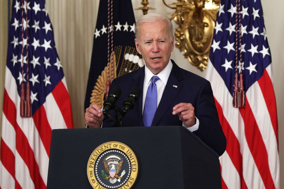 PHOTO: President Joe Biden speaks during a bill signing event at the State Dining Room of the White House, June 16, 2022.