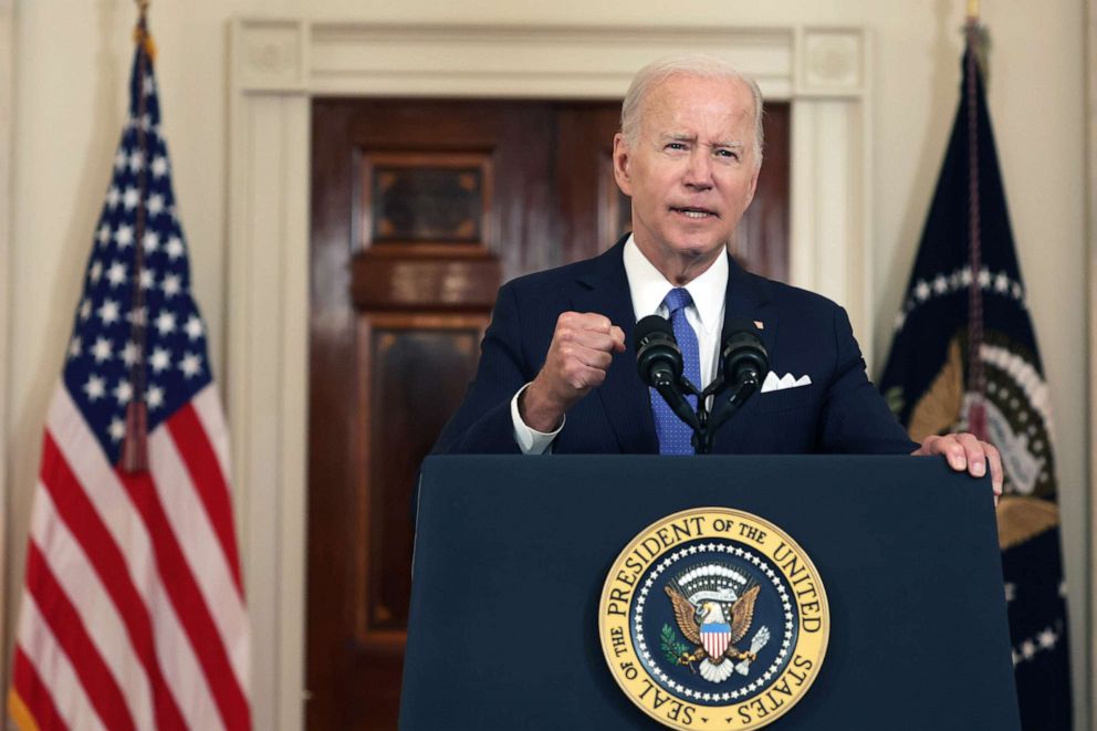 PHOTO: President Joe Biden addresses the Supreme Court's decision on Dobbs v. Jackson Women's Health Organization to overturn Roe v. Wade, June 24, 2022, at the White House.