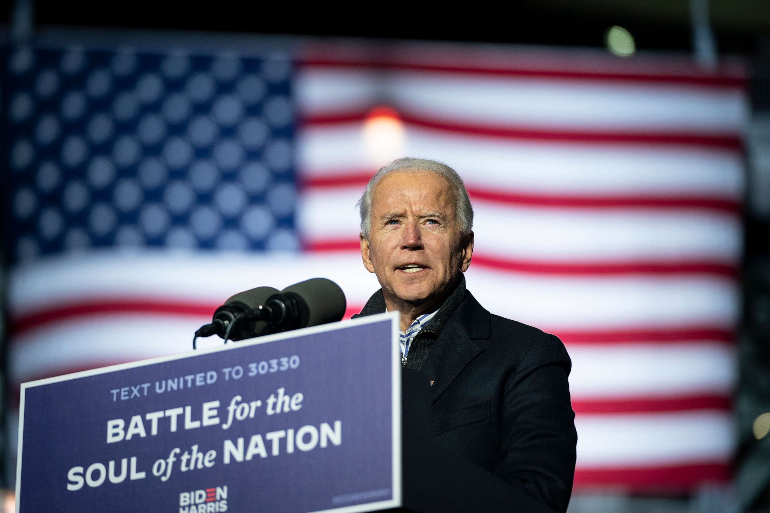 PHOTO: Democratic presidential nominee Joe Biden speaks during a drive-in campaign rally at Heinz Field, Nov. 2, 2020, in Pittsburgh.