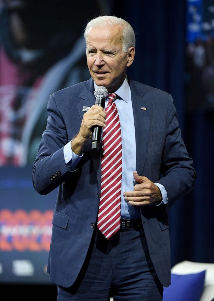 PHOTO: Democratic presidential candidate, former U.S Vice President Joe Biden speaks during the 2020 Gun Safety Forum hosted by gun control activist groups Giffords and March for Our Lives at Enclave on October 2, 2019, in Las Vegas.
