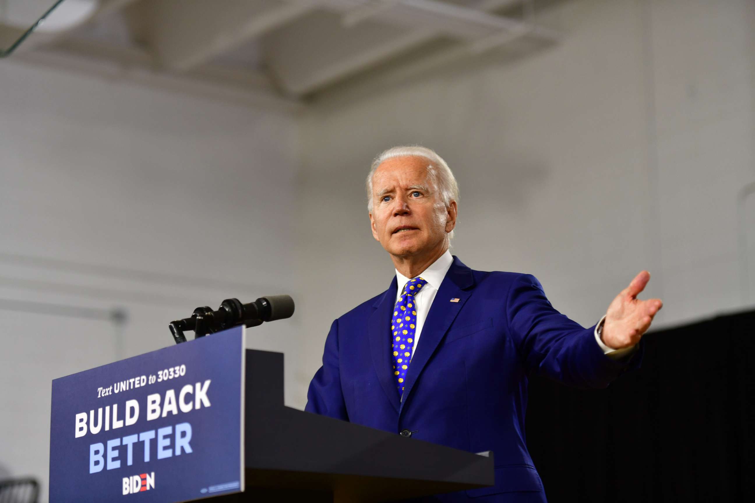 PHOTO: In this July 28, 2020, file photo, presumptive Democratic presidential nominee former Vice President Joe Biden delivers a speech at the William Hicks Anderson Community Center in Wilmington, Delaware. 