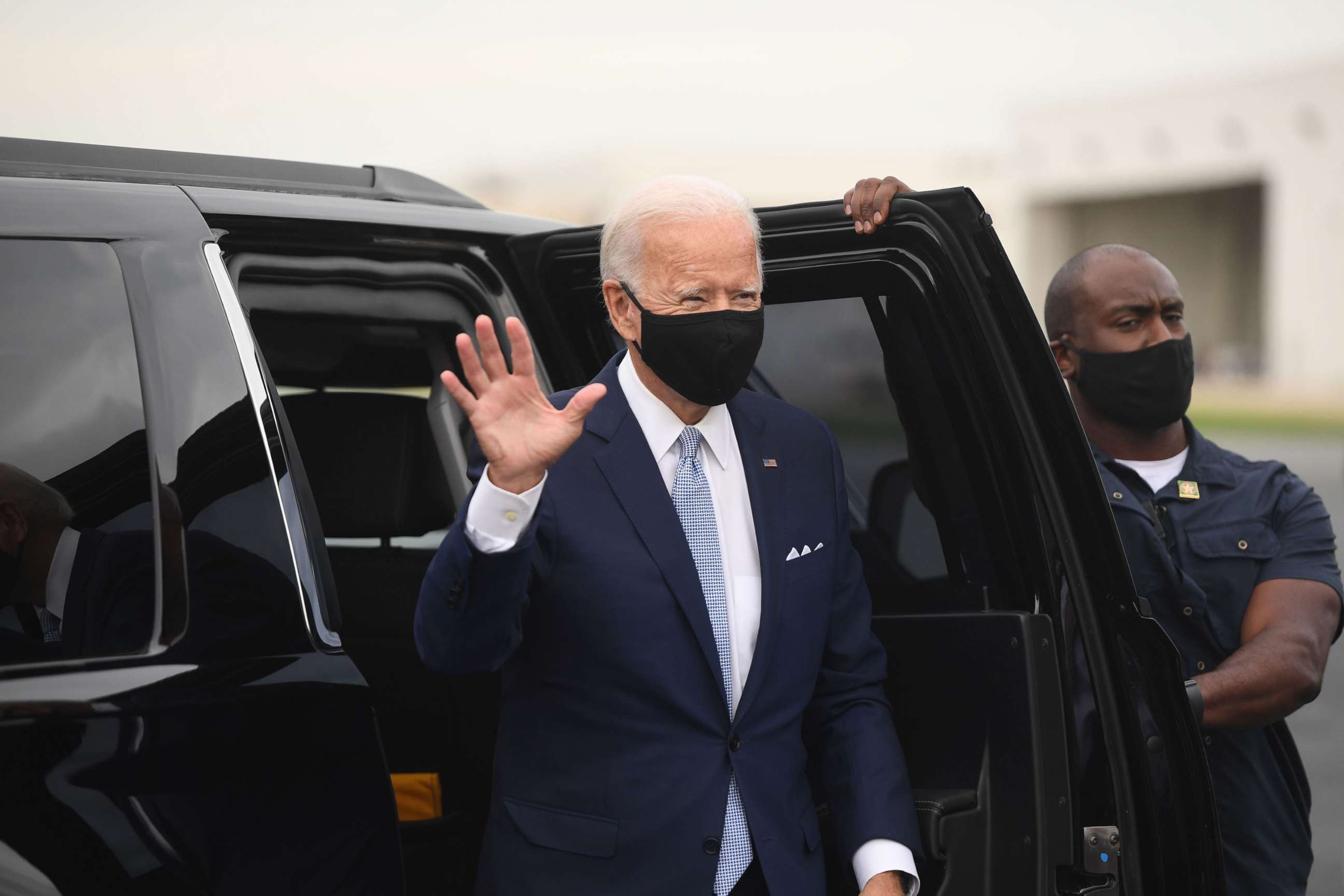 PHOTO: Democratic presidential nominee former Vice President Joe Biden boards an airplane at New Castle Airport in New Castle, Del., Aug. 31, 2020, as he travels to Pennsylvania for campaign events.