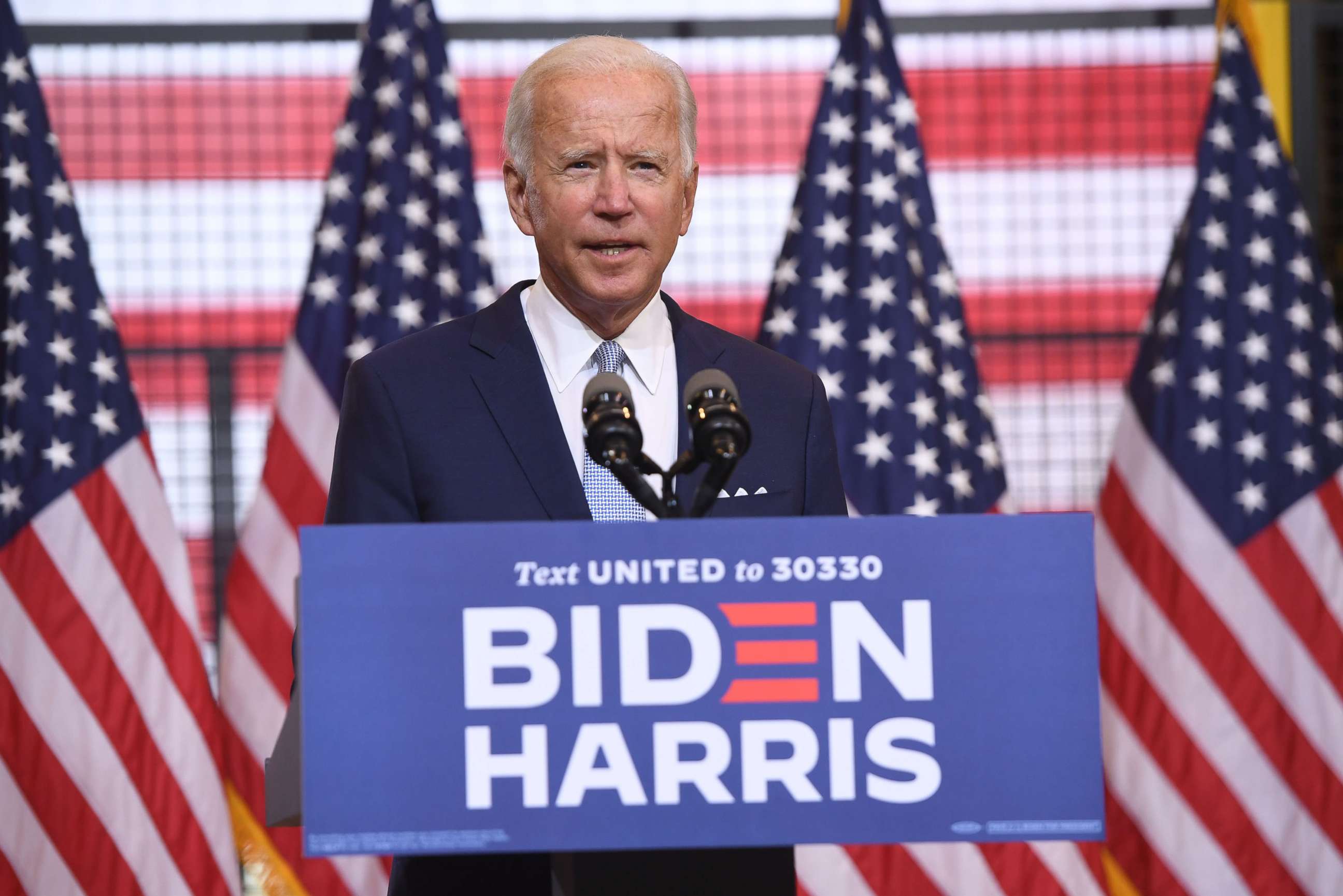 PHOTO: Democratic presidential nominee former Vice President Joe Biden speaks during a campaign event at Mill 19 in Pittsburgh, Aug. 31, 2020.