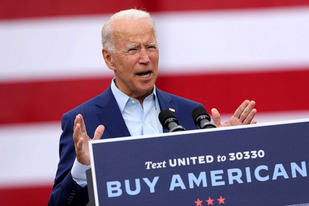 PHOTO: Democratic presidential nominee and former Vice President Joe Biden delivers remarks outside the United Auto Workers Region 1 offices on Sept. 09, 2020, in Warren, Mich.