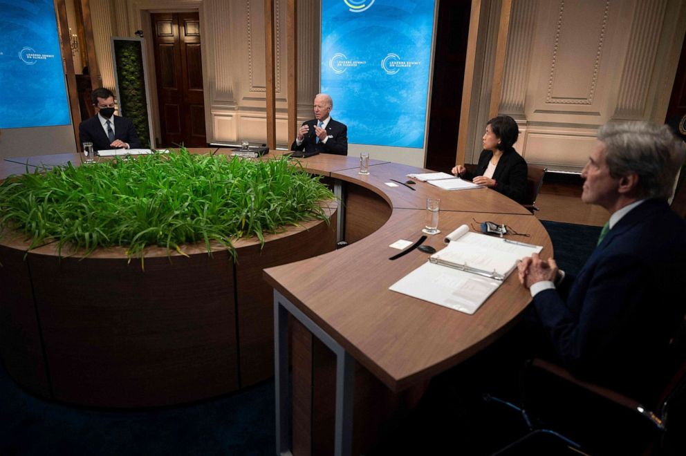 PHOTO: President Joe Biden participates in the virtual Leaders Summit on Climate Session 5: The Economic Opportunities of Climate Action from the White House in Washington, D.C., on April 23, 2021.