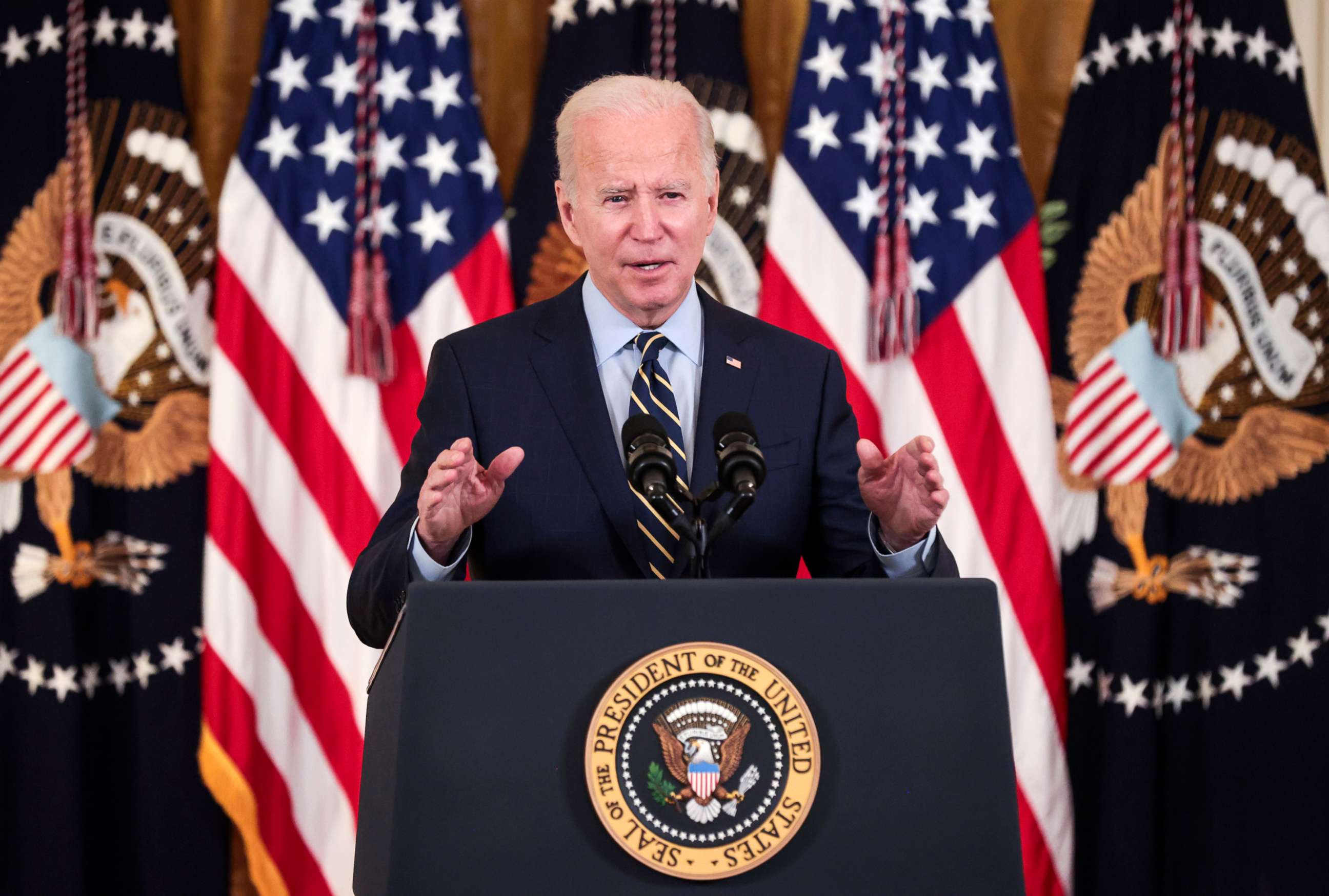 PHOTO: President Joe Biden delivers remarks about the Build Back Better legislation's new rules around prescription drug prices in the East Room of the White House on Dec. 6, 2021, in Washington, D.C.