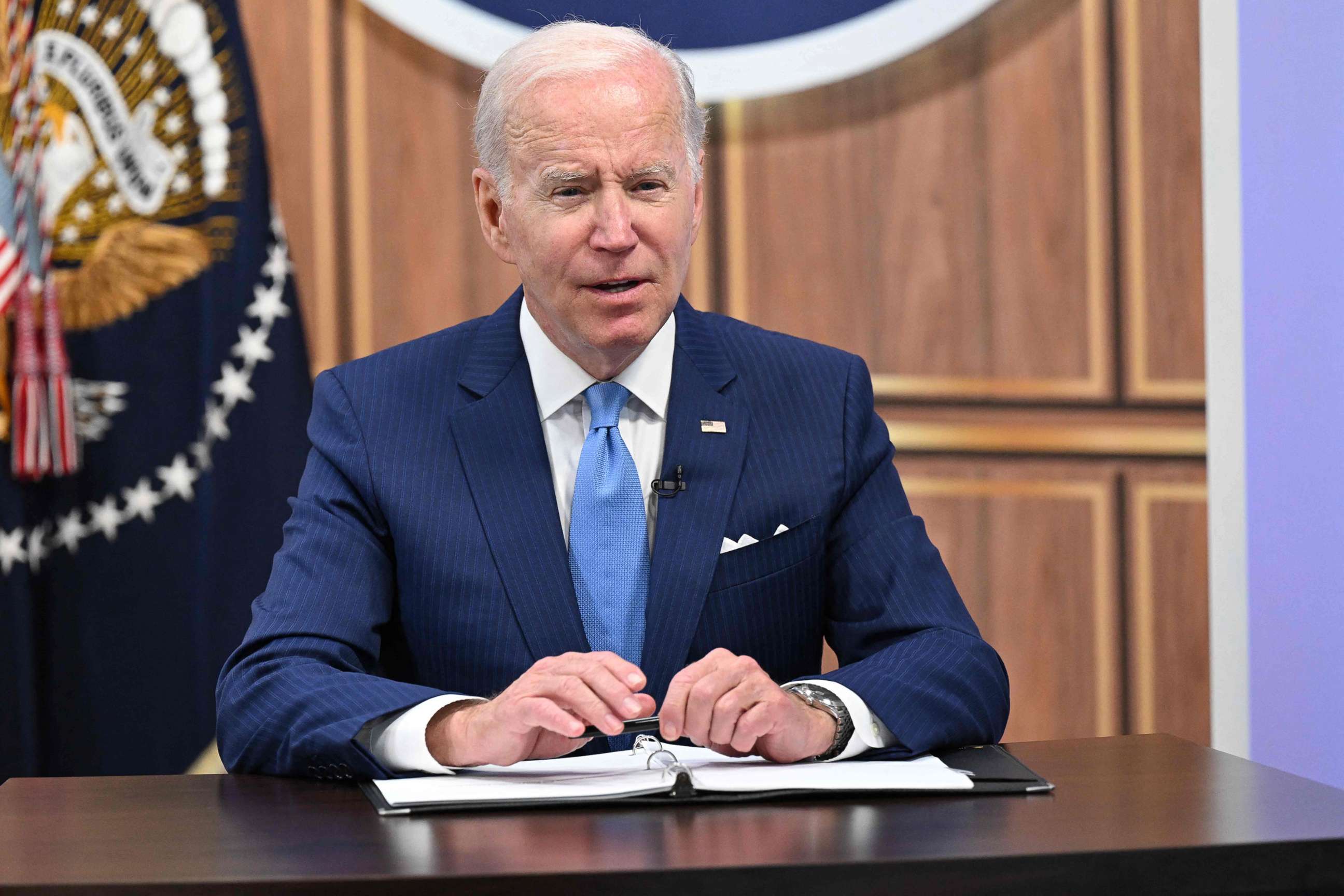 PHOTO: President Joe Biden speaks during a virtual meeting with administration officials and major infant formula manufacturers to urge an increase in infant formula production through Operation Fly Formula, in Washington, D.C., on June 1, 2022.