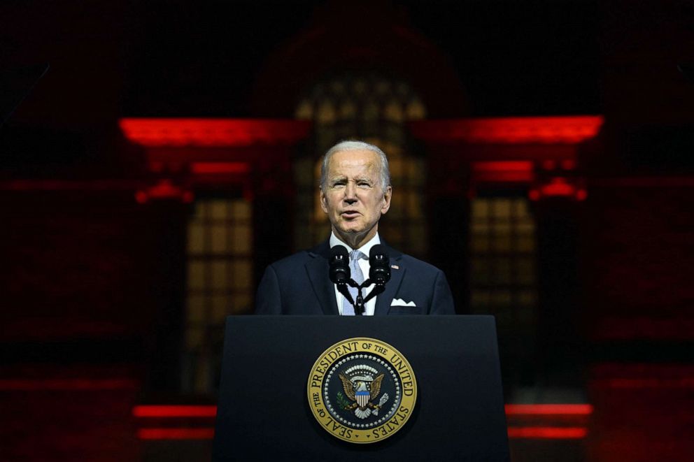 PHOTO: President Joe Biden speaks about the soul of the nation, outside of Independence National Historical Park in Philadelphia, on Sept. 1, 2022.