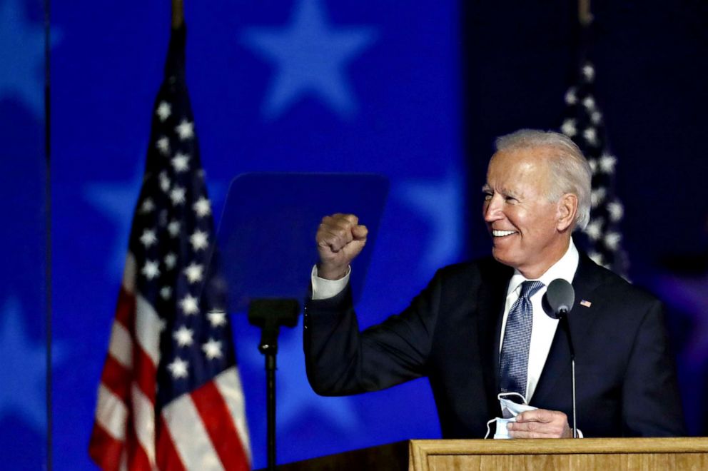 PHOTO: In this Nov. 4, 2020, file photo, Joe Biden, 2020 Democratic presidential nominee, gestures while arriving during an election night party in Wilmington, Delaware.
