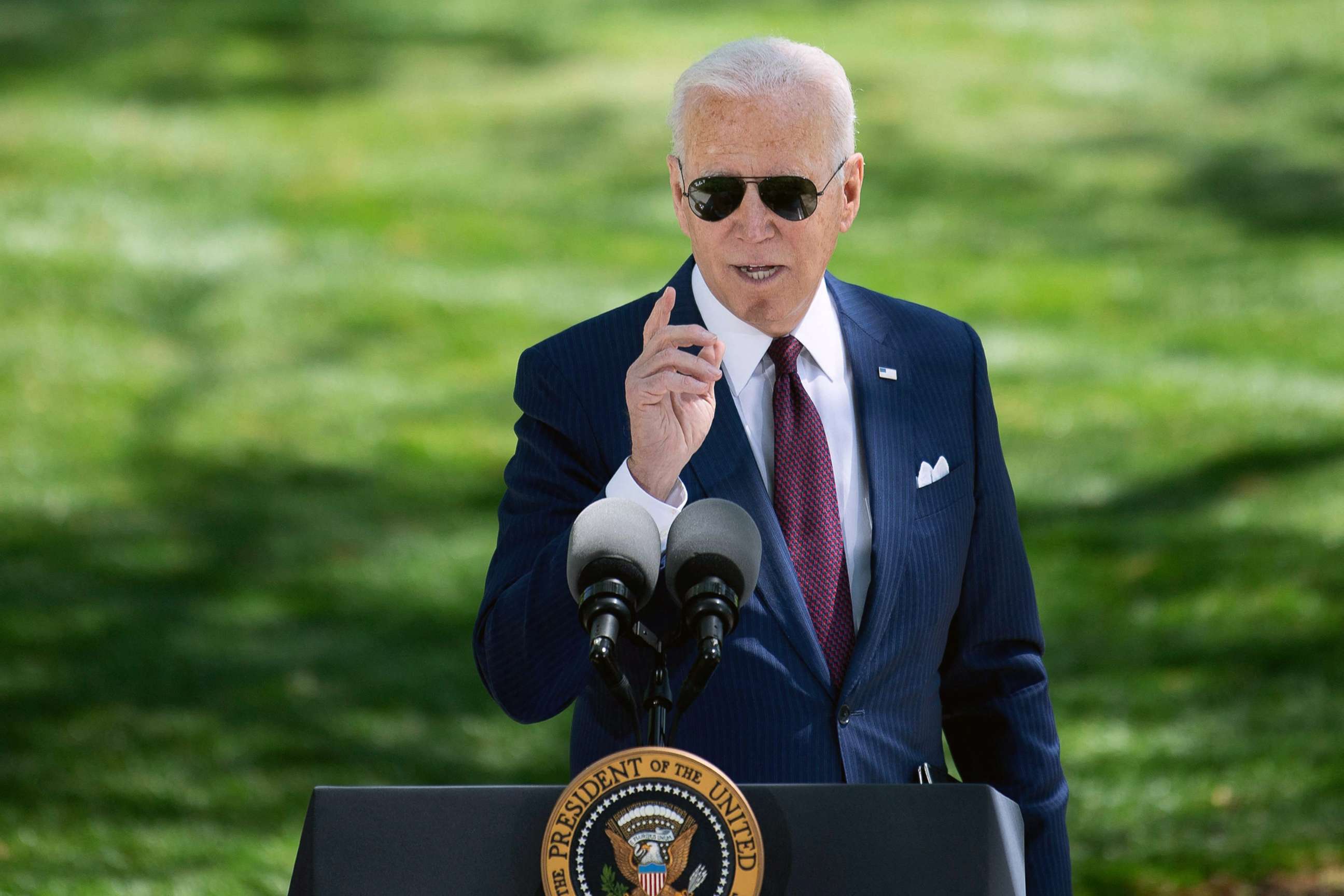 PHOTO:President Joe Biden speaks about updated CDC guidance on masks for people who are fully vaccinated during an event in front of the White House, April 27, 2021, in Washington, D.C.