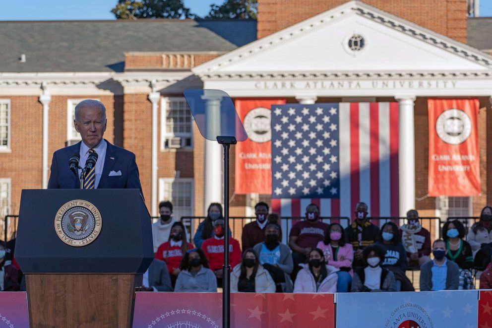 PHOTO: President Joe Biden speaks to a crowd at the Atlanta University Center Consortium, part of both Morehouse College and Clark Atlanta University, Jan. 11, 2022, in Atlanta.