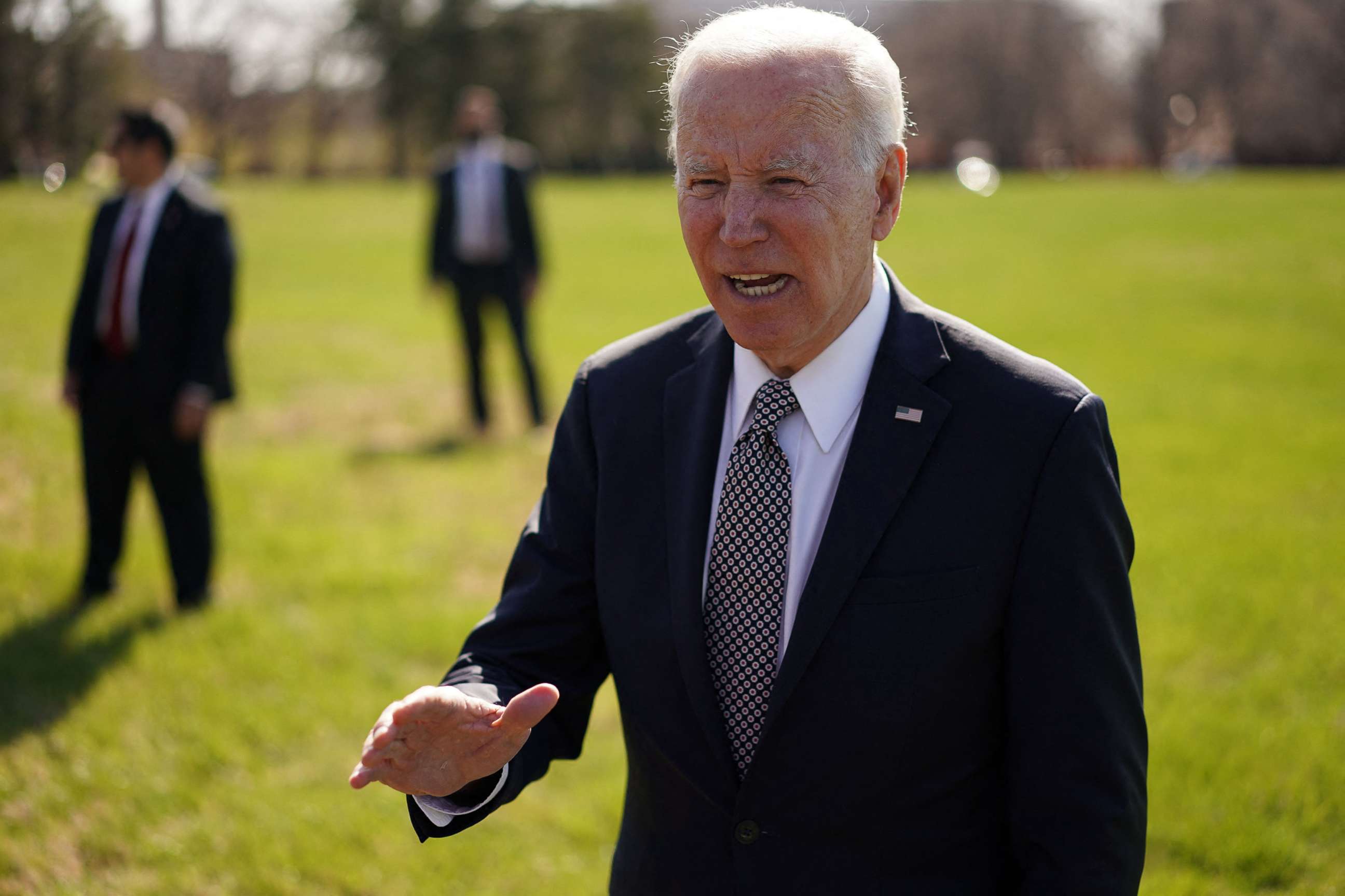 PHOTO: President Joe Biden speaks to reporters upon arrival at Fort McNair in Washington, D.C., April 4, 2022.