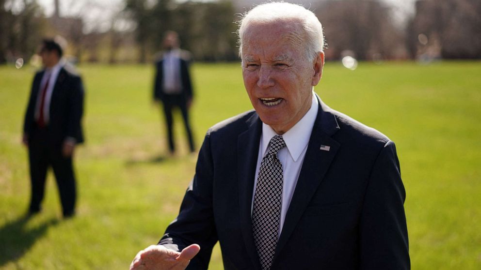 PHOTO: President Joe Biden speaks to reporters upon arrival at Fort McNair in Washington, D.C., April 4, 2022.