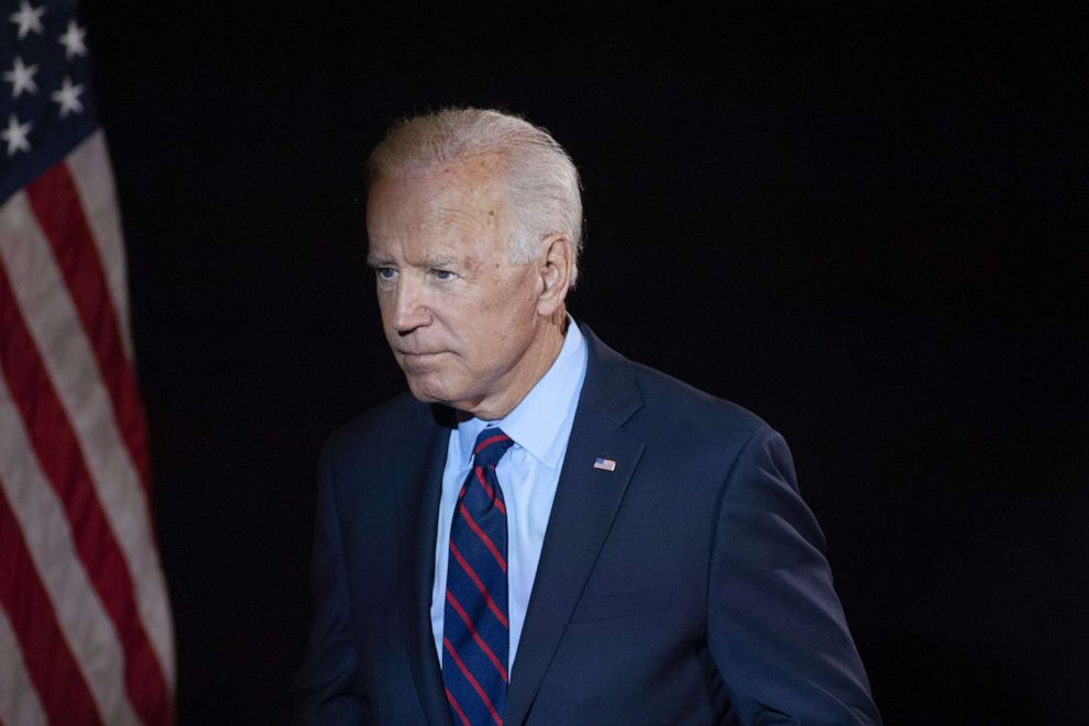 PHOTO: Democratic presidential candidate former Vice President Joe Biden exits after making remarks about the DNI Whistleblower Report as well as President Trumps ongoing abuse of power at the Hotel DuPont on Sept. 24, 2019 in Wilmington, Del.