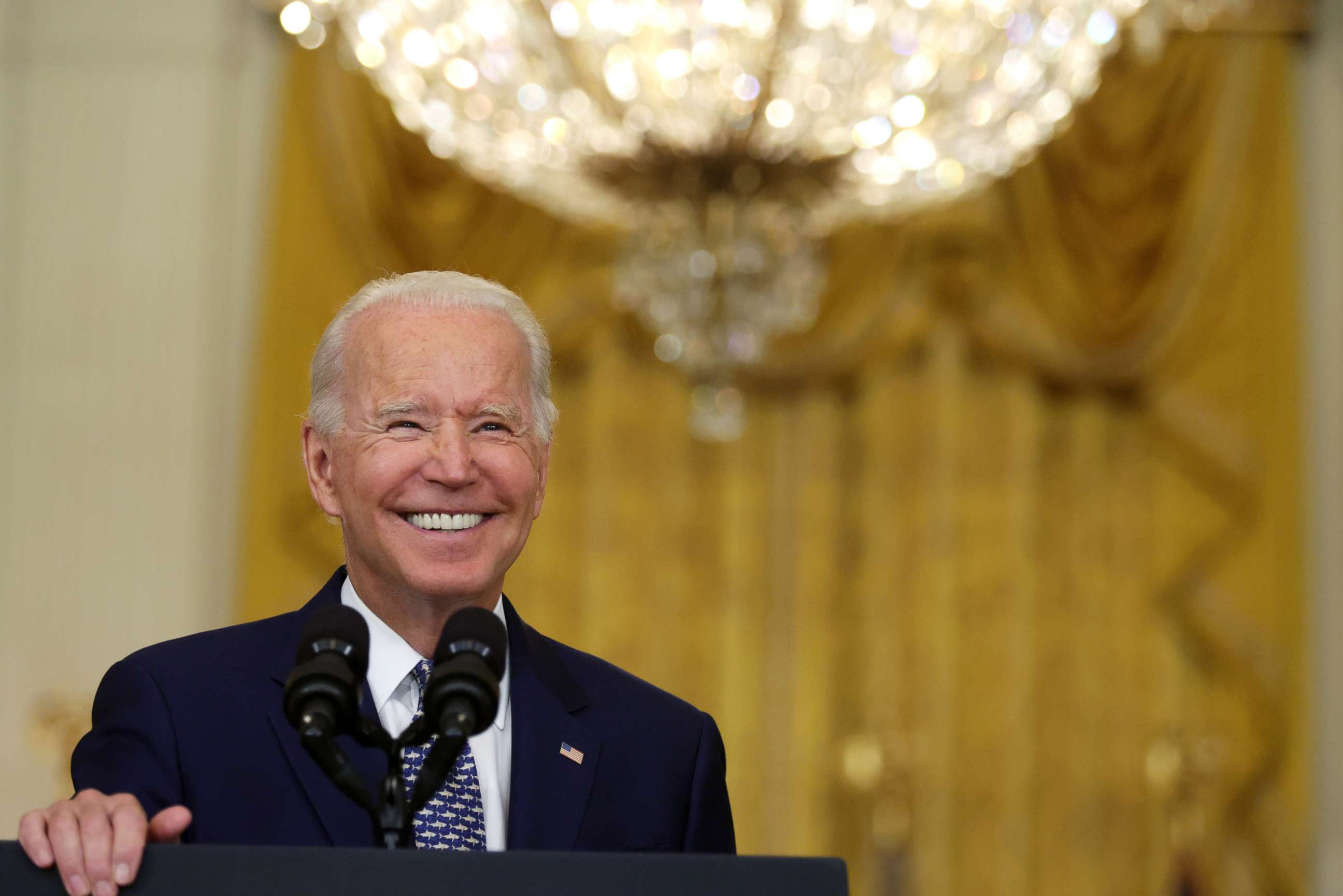 PHOTO:President Joe Biden speaks about Senate passage of the Infrastructure Investment and Jobs Act in the East Room of the White House, Aug. 10, 2021, in Washington.