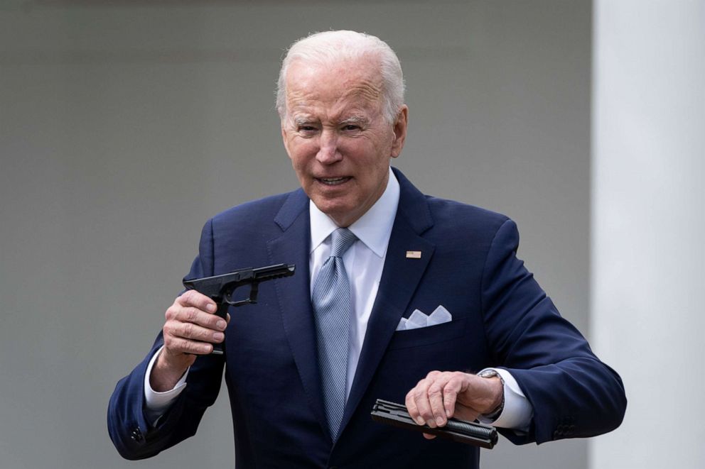 PHOTO: President Joe Biden holds up a ghost gun kit during an event about gun violence in the Rose Garden of the White House April 11, 2022.