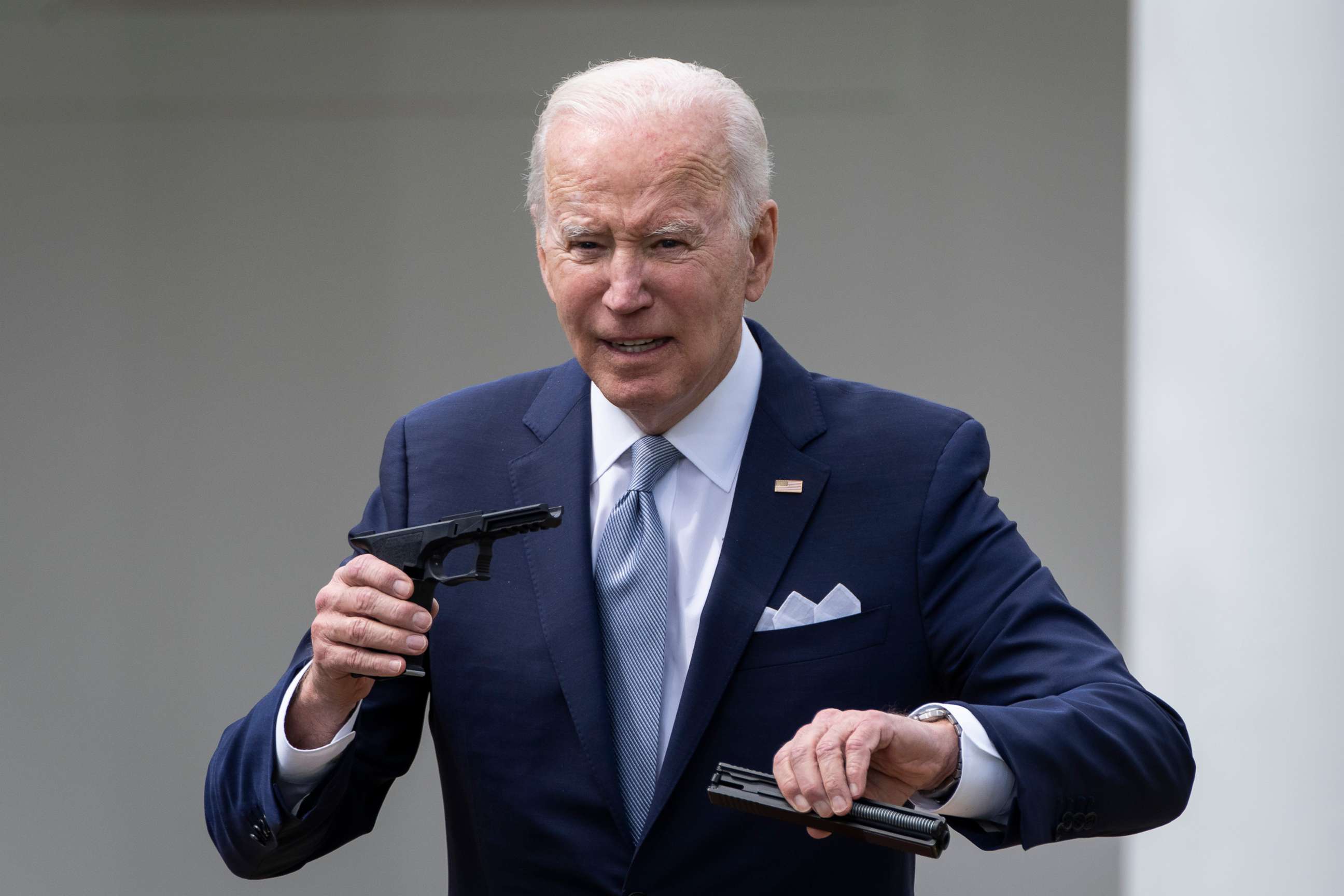 PHOTO: President Joe Biden holds up a ghost gun kit during an event about gun violence in the Rose Garden of the White House in Washington, April 11, 2022.