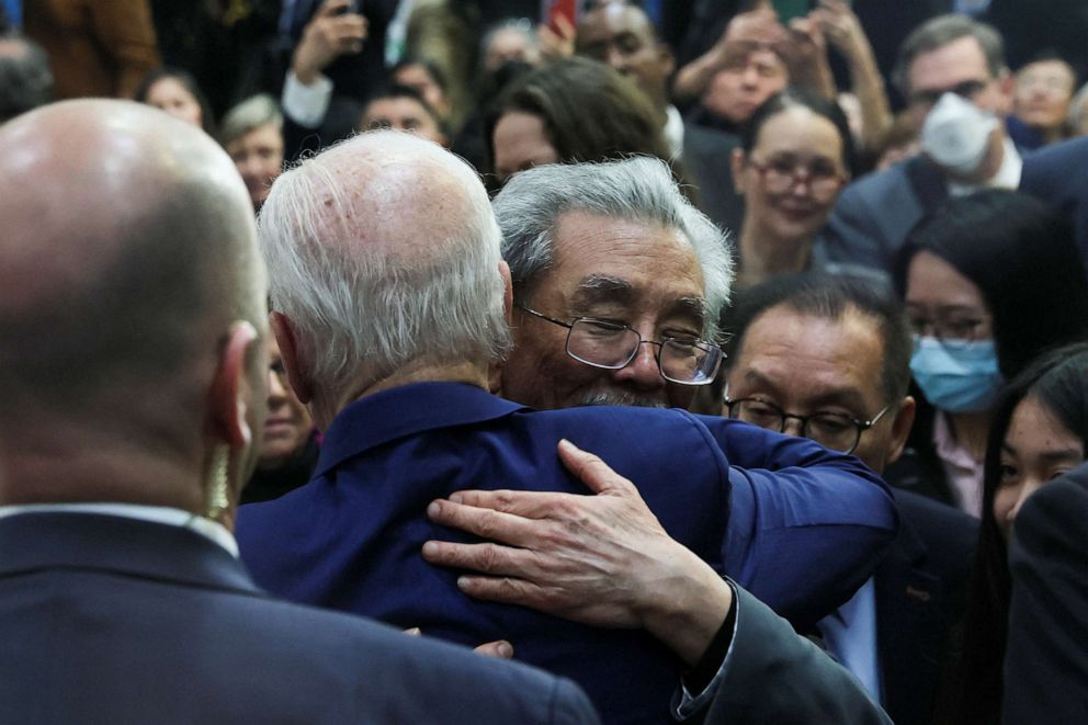 PHOTO: President Joe Biden hugs a member of the community after speaking about the Monterey Park shooting and his efforts to reduce gun violence at The Boys & Girls Club of West San Gabriel Valley in Monterey Park, Calif., March 14, 2023.