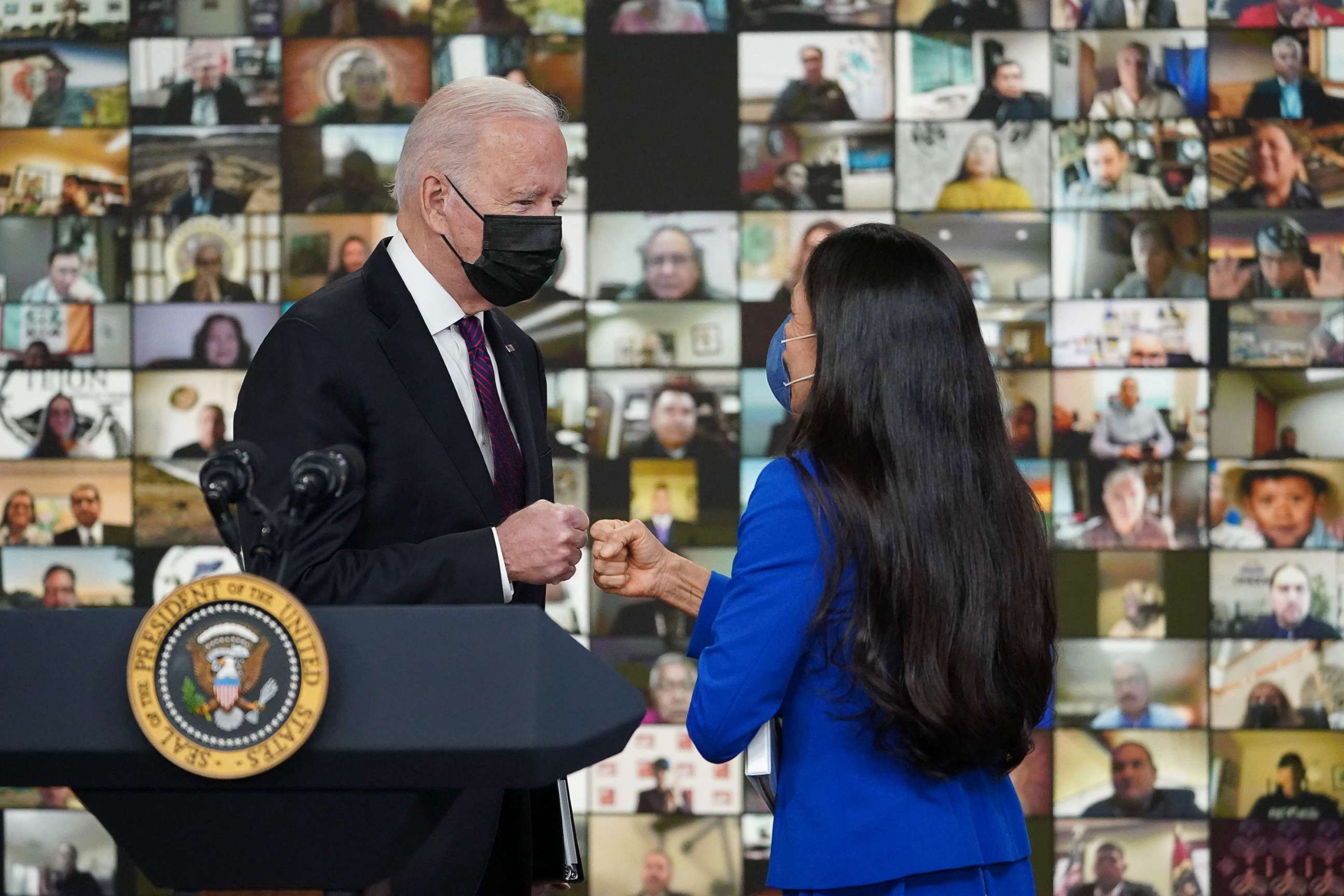 PHOTO: President Joe Biden and Secretary of the Interior Deb Haaland greet each other at the Tribal Nations Summit in the South Court Auditorium of the Eisenhower Executive Office Building, next to the White House, in Washington, D.C., Nov. 15, 2021.