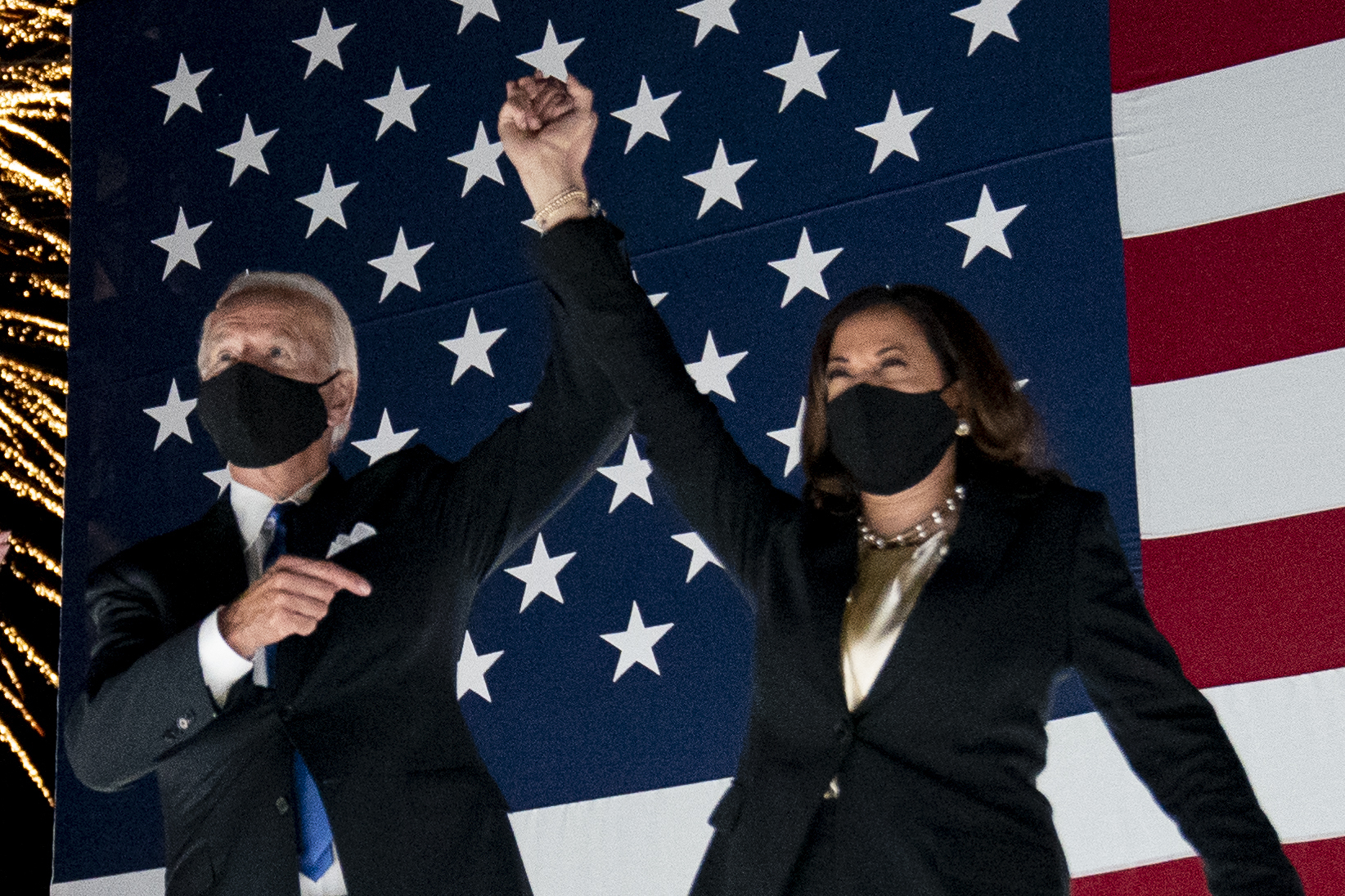 PHOTO: Democratic presidential candidate and former Vice President Joe Biden and his vice presidential running mate Senator Kamala Harris appear together on the fourth night of the Democratic National Convention in Wilmington, Del., Aug. 20, 2020.